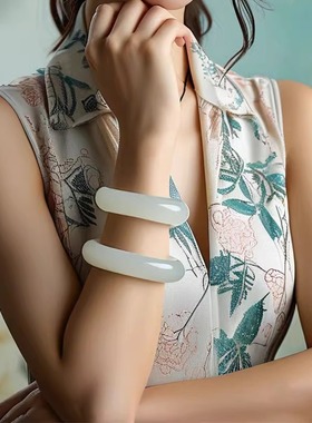 直播新疆糖羊脂白玉天然真和田玉镯子宽手镯正品带证书发顺丰7396