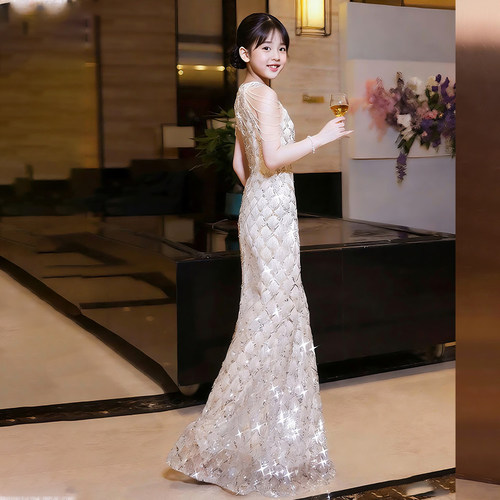主持人女童礼服鱼尾公主裙绝美高端轻奢小众儿童钢琴演出服高级感 - 图3