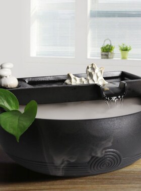 新中式招财陶瓷循环流水摆件办y公室客厅桌面喷泉微景观家居装饰