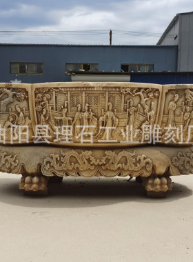 石雕鱼缸汉白玉做旧石槽古代人物浮雕仕女图案仿古雕刻工艺品厂家