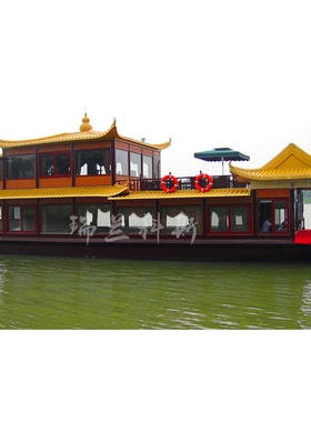 供应双层餐饮画舫船 电动仿古船玻璃钢船体水上餐厅景区游览船