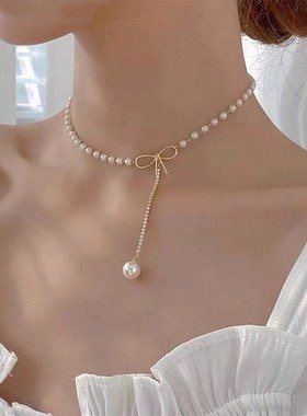 新款蝴蝶结珍珠项链水钻流苏吊坠精致锁骨链时尚个性简约颈链