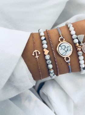 WISH新款手链套装 合金松石串珠流苏四件套手链款式现货供应