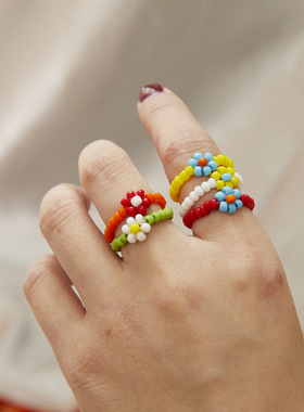 韩国IU同款手工串珠多巴胺戒指ins小红书潮彩色编织小花花朵戒指