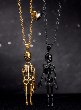 跨境热销复古骷髅鬼爱心磁吸牵手吊坠项链 幽灵骷髅骨万圣节项链