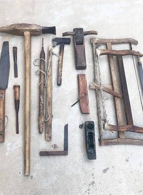 民俗怀旧老物件鲁班木匠工具传统旧木锯木钻老墨斗80年代摆件覆古