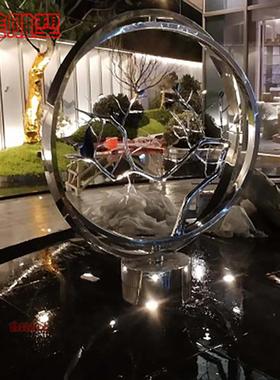 不锈钢雕塑圆环户外园林喷雾雕塑镜面发光月亮抽象镂空水景雕塑