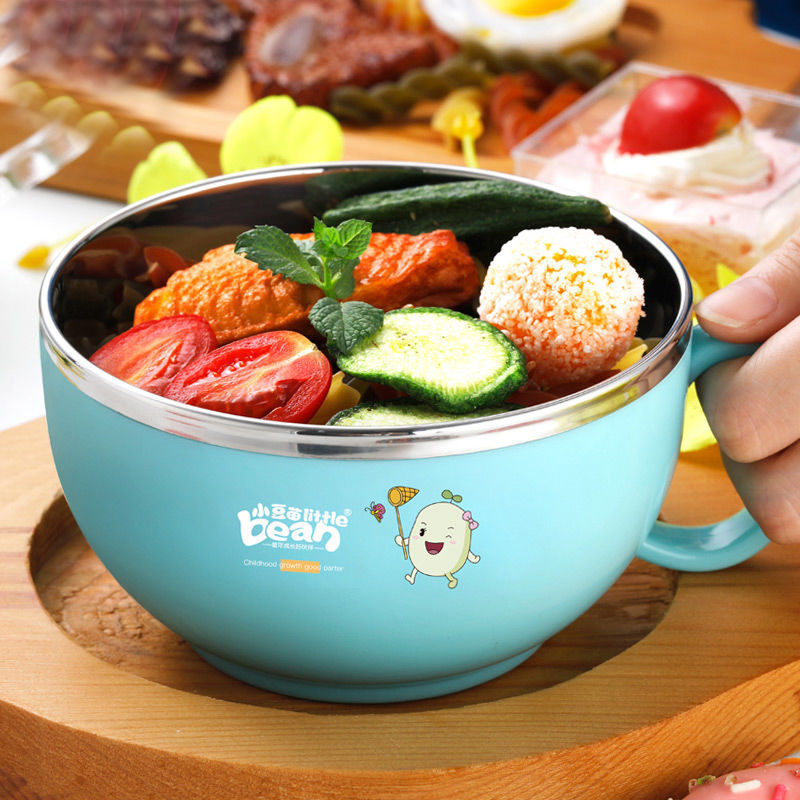 小豆苗儿童餐具304不锈钢碗带手柄小孩防摔隔热家用面条碗米饭碗