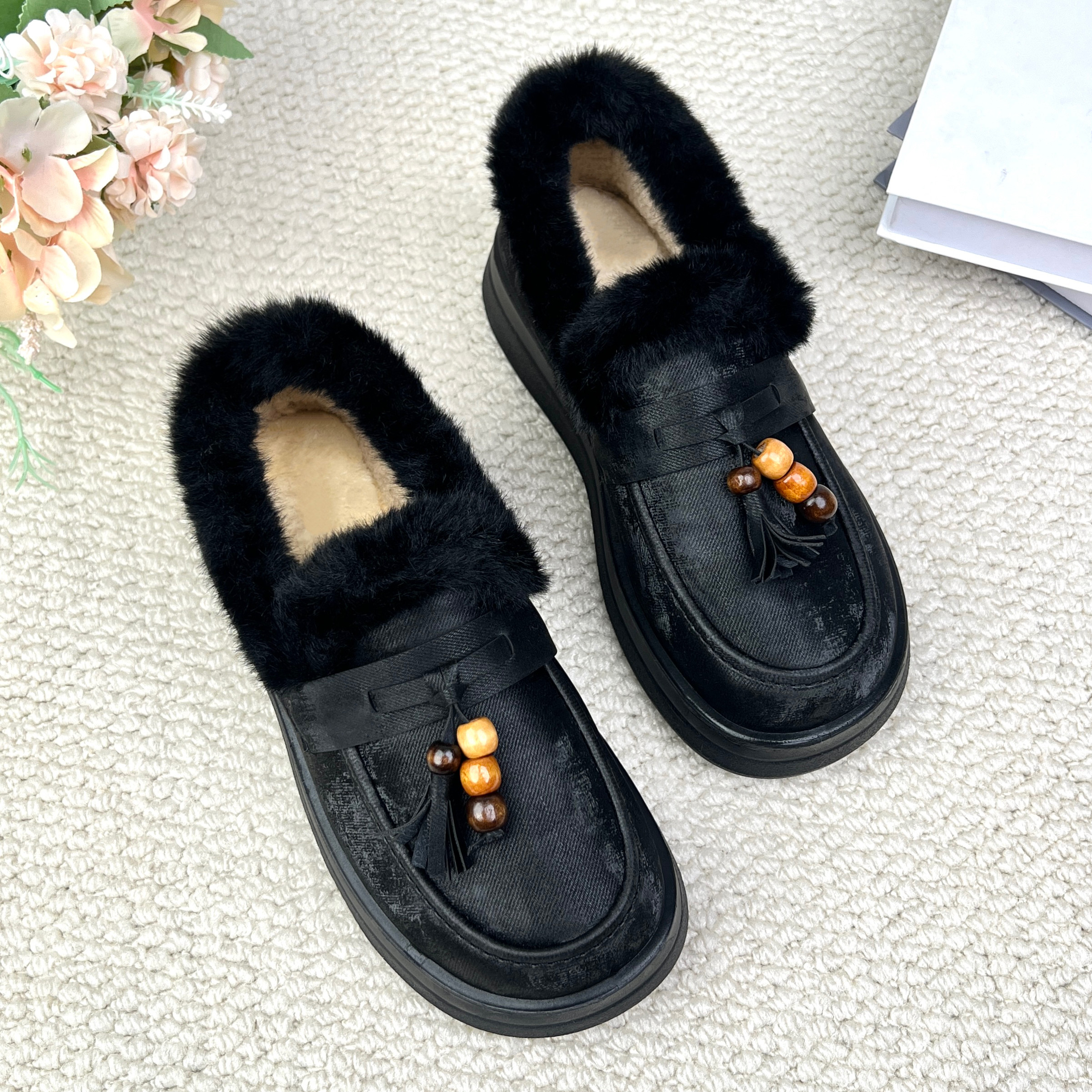 冬季新款加绒保暖女乐福鞋一脚蹬软底防滑休闲妈妈鞋平底百搭棉鞋,淘宝优惠券,粉丝福利购,淘宝优惠卷