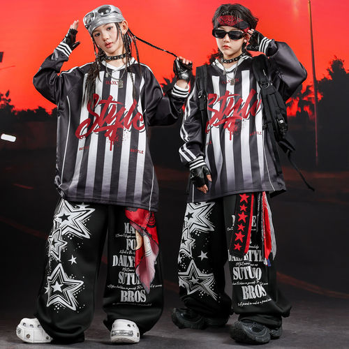 街舞儿童潮服嘻哈男童炫酷条纹星星舞蹈服套装女童hiphop演出服男 - 图1
