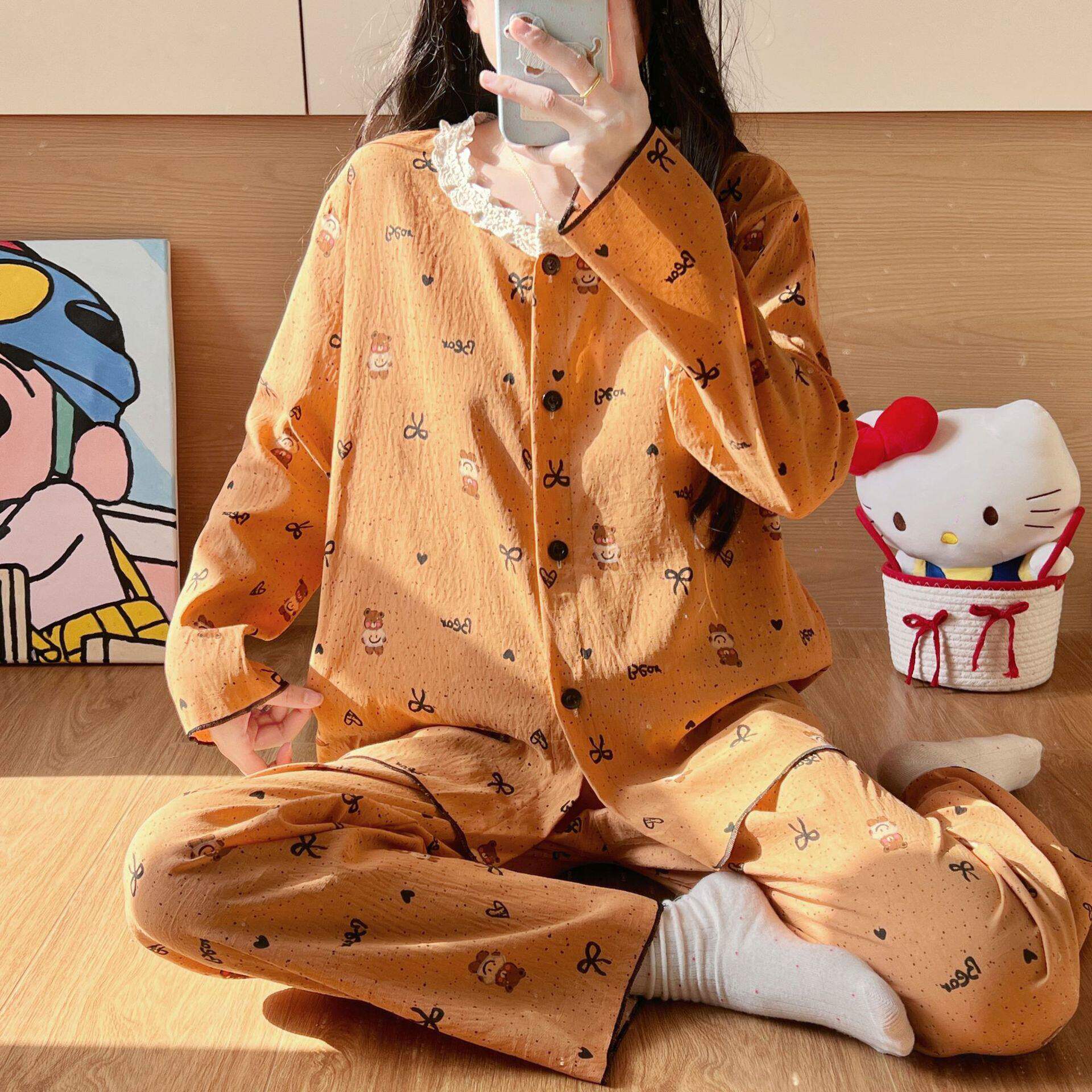 2026爆款睡衣女长袖长裤云朵棉花边圆领开衫甜美家居服套装ak