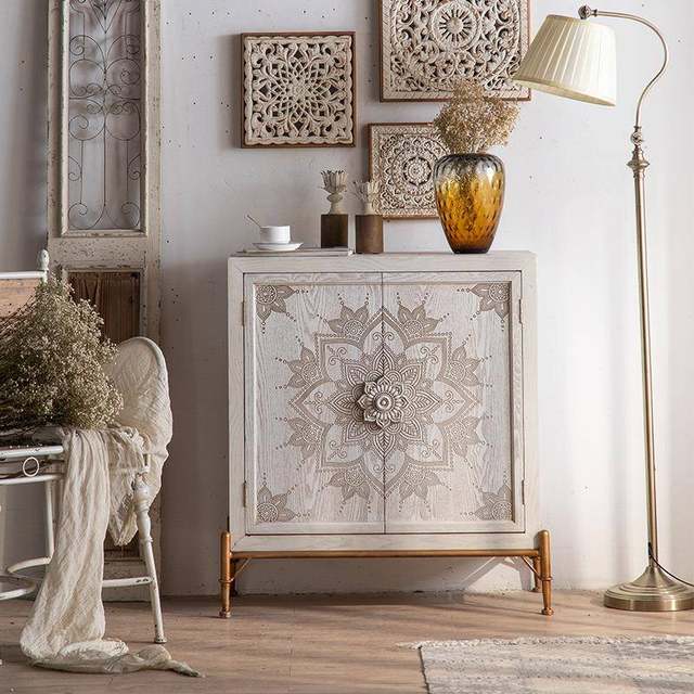 American retro carved porch cabinet sofa side cabinet storage cabinet solid wood side cabinet white decorative cabinet storage cabinet