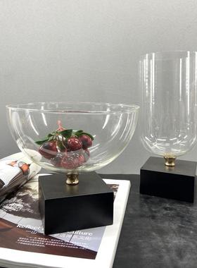 简现代白大理EJJ石玻璃盘花黑瓶茶果几摆件创意约花插家居装饰