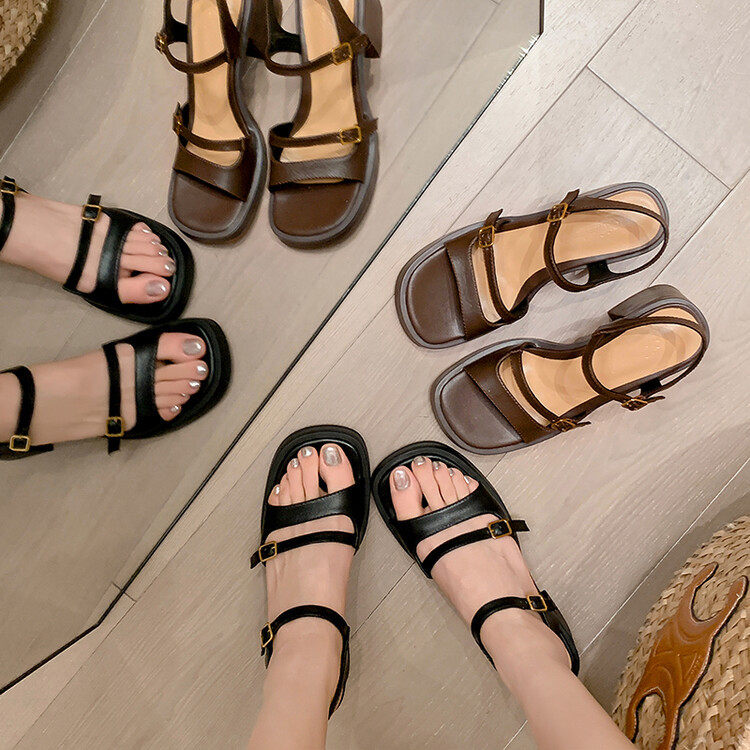 2023新款高跟一字扣带露趾凉鞋百搭复古全牛皮棕色夏季粗跟女鞋潮,淘宝优惠券,粉丝福利购,淘宝优惠卷