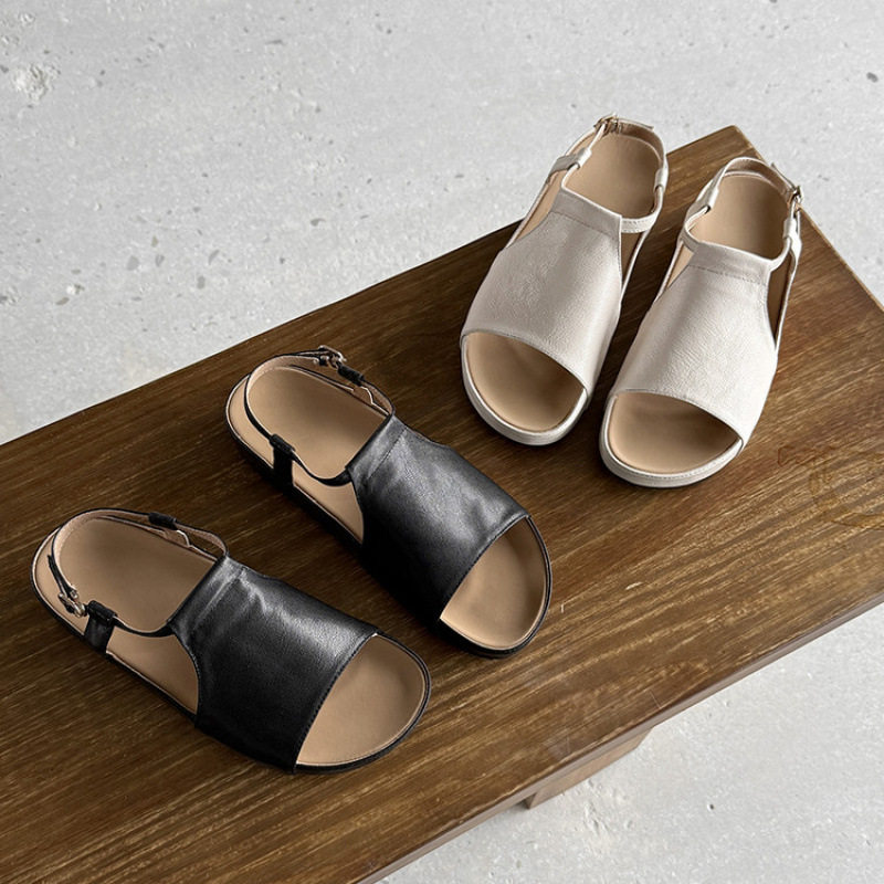 3cm~超好看厚底凉鞋女夏季2025新款真皮黑色圆头镂空罗马平底女鞋,淘宝优惠券,粉丝福利购,淘宝优惠卷