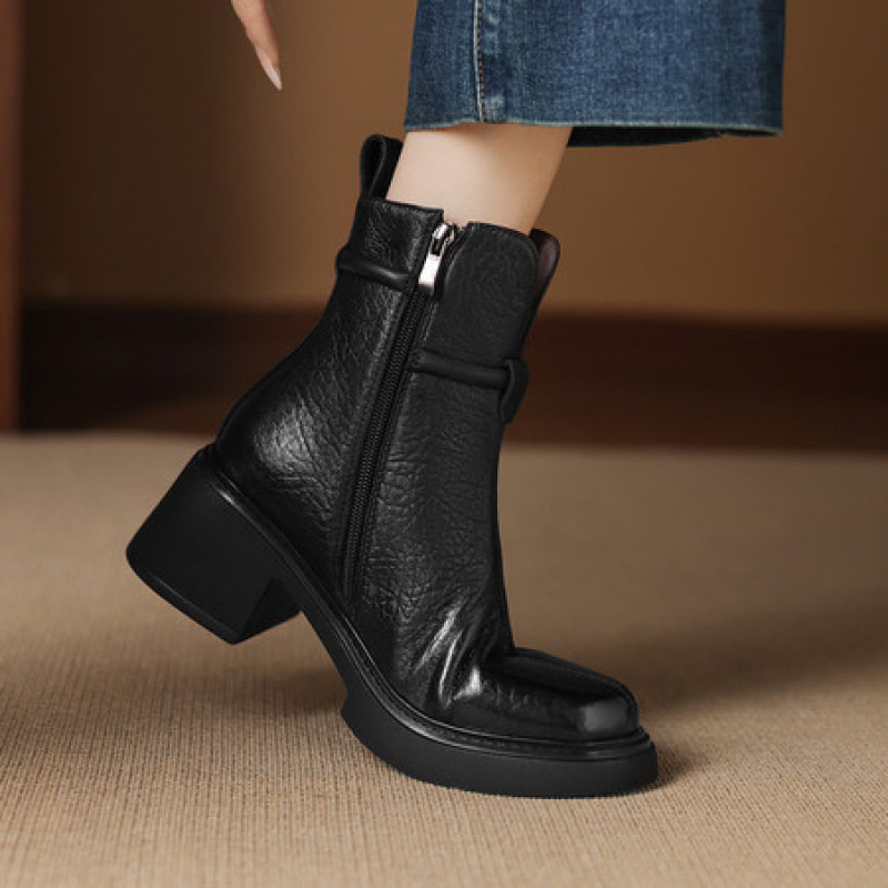 2025新款法式复古真皮圆头粗跟中跟单鞋女高筒平底皮靴马丁靴,淘宝优惠券,粉丝福利购,淘宝优惠卷