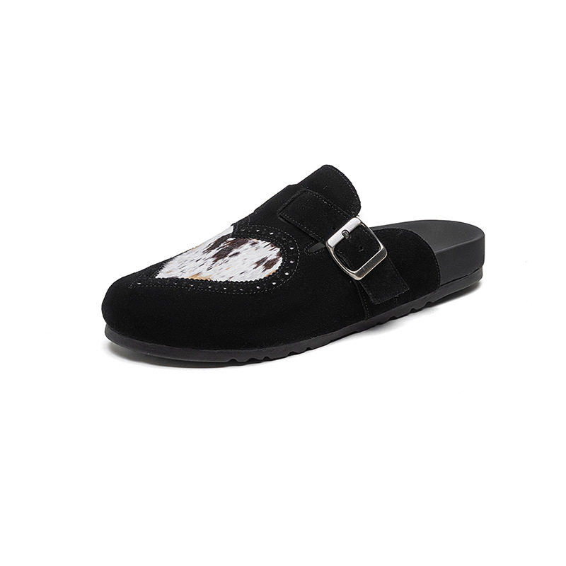 娇文希真皮女鞋2025夏季外穿圆头马毛包头拖鞋平底厚底懒人博肯鞋,淘宝优惠券,粉丝福利购,淘宝优惠卷