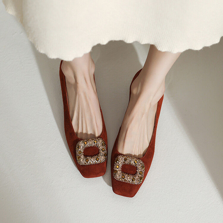 复古方扣水钻方头豆豆鞋女粗跟2024春新磨砂羊皮单鞋中跟,淘宝优惠券,粉丝福利购,淘宝优惠卷