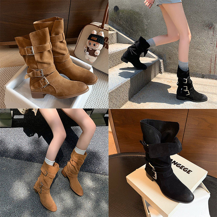 2025秋冬复古复古皮带扣粗跟堆堆西部牛仔靴高筒骑士靴棕色长筒,淘宝优惠券,粉丝福利购,淘宝优惠卷