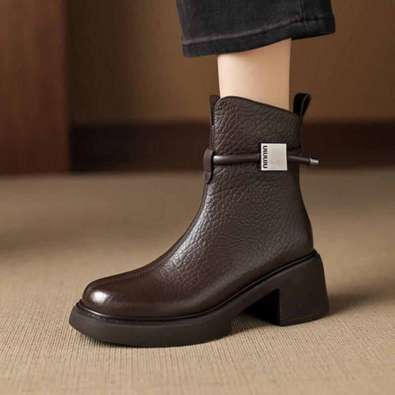 2025新款法式复古真皮圆头粗跟中跟单鞋女高筒平底皮靴马丁靴,淘宝优惠券,粉丝福利购,淘宝优惠卷