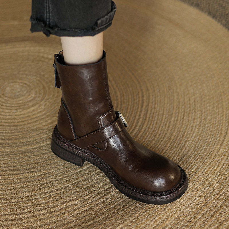 2024秋冬新款低跟皮带扣马丁靴女英伦风平底短筒西部骑士靴美拉德,淘宝优惠券,粉丝福利购,淘宝优惠卷