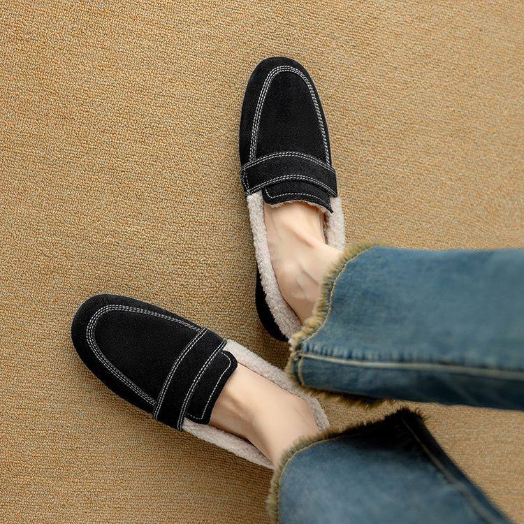 真皮磨砂加绒毛毛单鞋女冬季一脚蹬勃肯软底豆豆鞋加厚保暖棉鞋子,淘宝优惠券,粉丝福利购,淘宝优惠卷