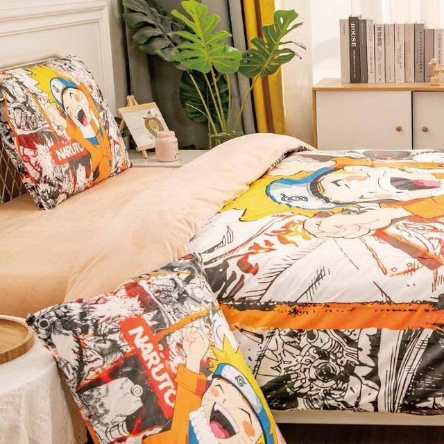 Autumn and winter cartoon Naruto warmth thickened crystal velvet four-piece set for boys dormitory Naruto bed sheet three-piece set