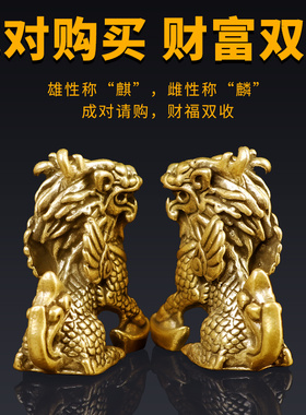 麒麟摆件一对公母纯铜小瑞兽黄铜招财桌面办公室摆V设家居客厅装