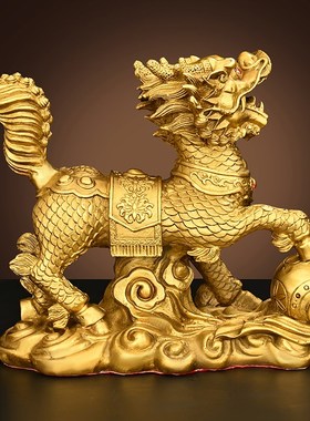 铜麒麟摆件戏珠麒麟一对送子麒麟踩球家居P客厅卧室装饰工艺品