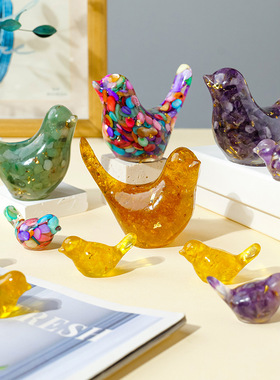 跨境天然水晶碎石滴胶小鸟摆件 家居办公装饰工艺品 车载摆件批发