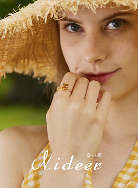 奈小鹿天然黄水晶戒指女纯银原创气质新款指环精致奢华饰品送女友