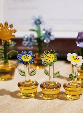 迷你琉璃花朵小摆件创意手工玻璃向日葵盆K栽办公室桌面装饰工艺