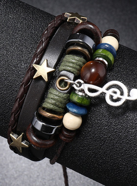 音乐节多层串珠皮革音符手链