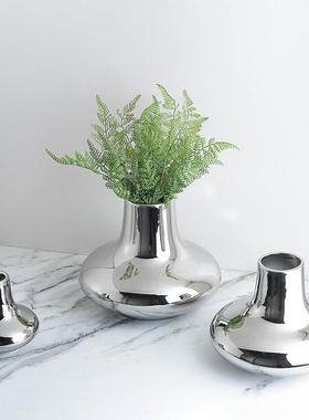 现代简约北欧轻奢银色锥形陶瓷花瓶花器摆件家居样板间软装饰品