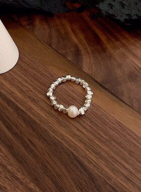 珍珠碎银子戒指弹力指环S925纯银戒指女士戒指