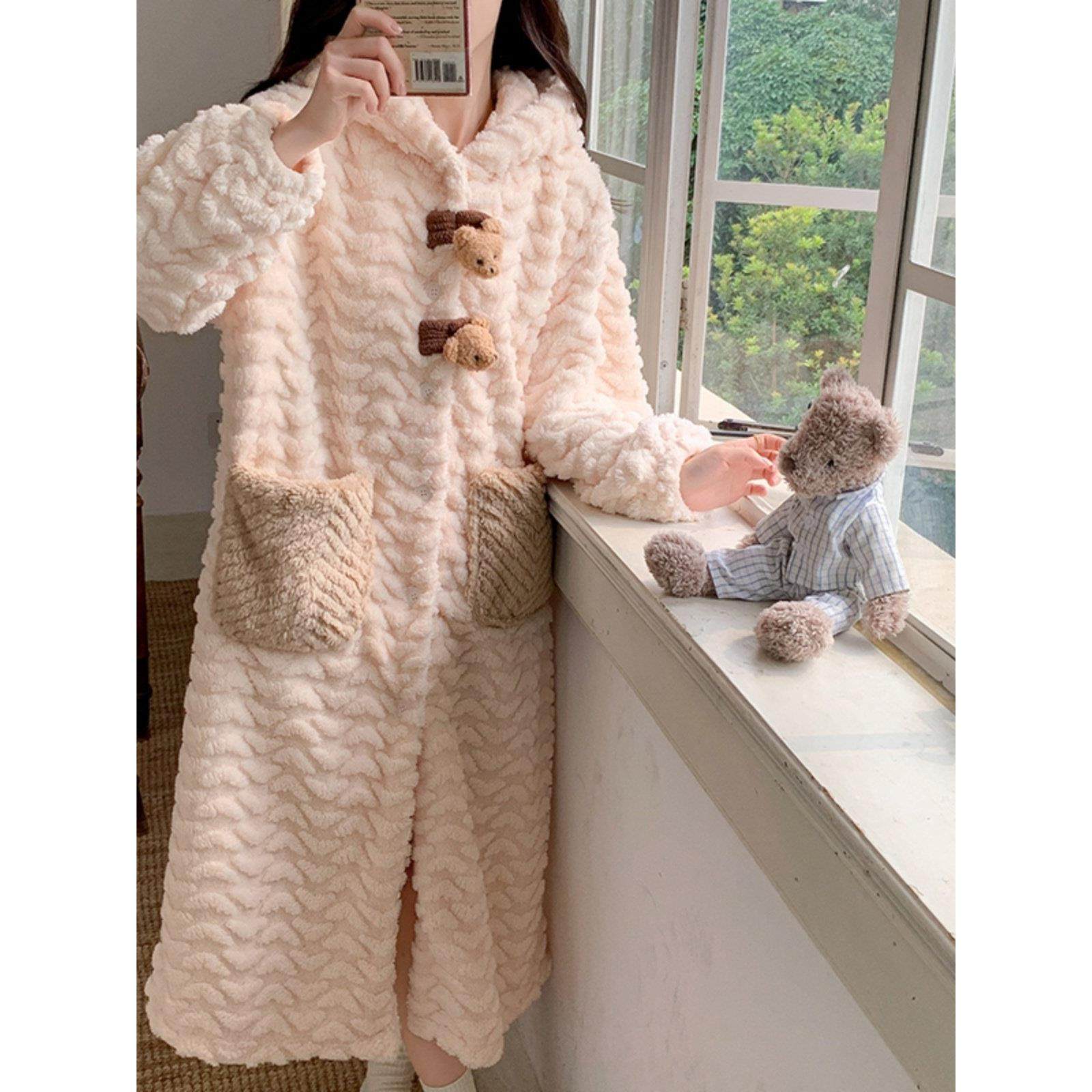 小熊韩版睡袍女2024年秋冬季新款珊瑚绒加厚连帽浴袍长款睡衣睡裙,淘宝优惠券,粉丝福利购,淘宝优惠卷