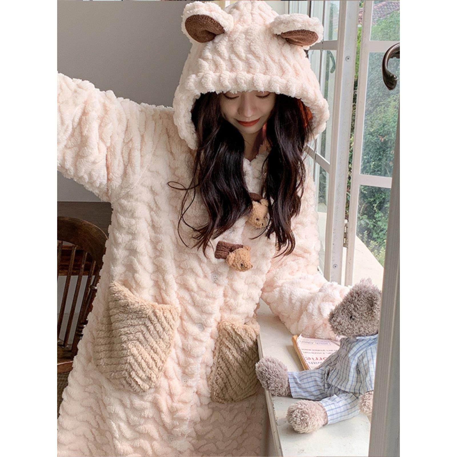 小熊韩版睡袍女2024年秋冬季新款珊瑚绒加厚连帽浴袍长款睡衣睡裙,淘宝优惠券,粉丝福利购,淘宝优惠卷