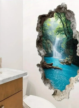 【到手2张】自然山水林间溪流涂鸦墙破壁墙贴仿立体风景翻新香贴