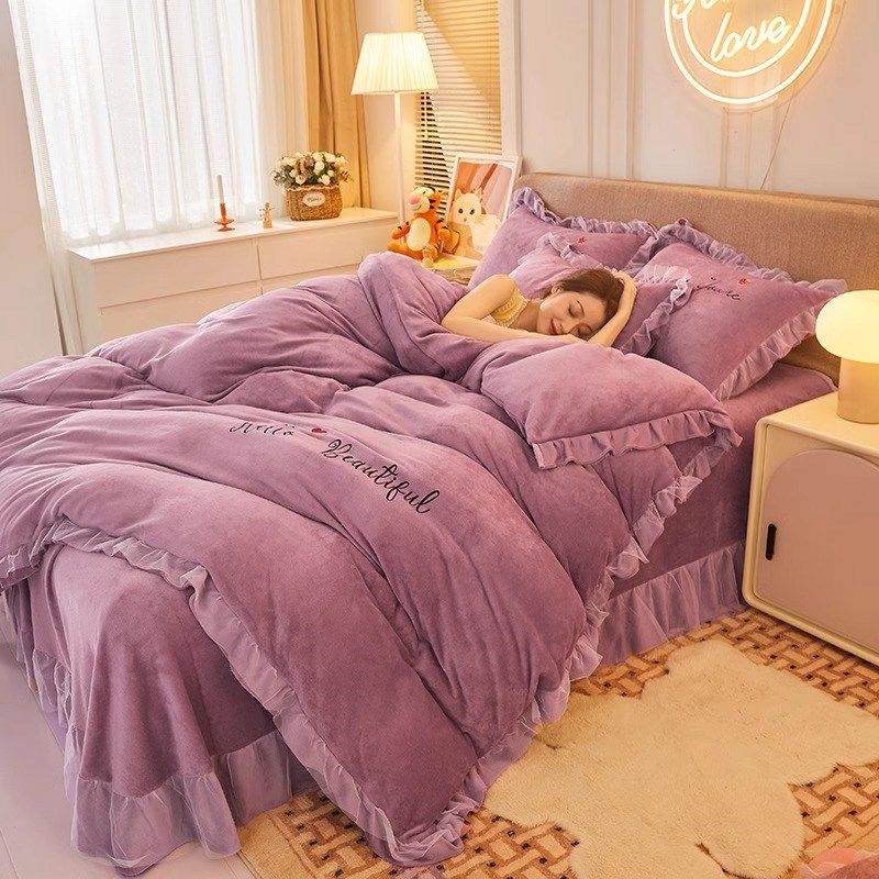 冬季床裙牛款奶绒四件套冬款珊瑚绒加厚双面绒公主风保暖蕾丝被套,淘宝优惠券,粉丝福利购,淘宝优惠卷