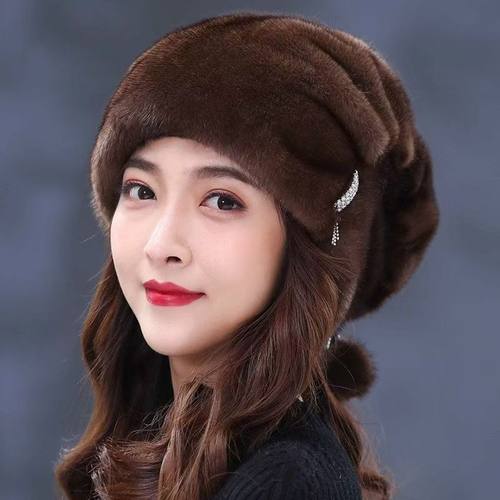 高品质水貂毛帽子女优雅妈妈水钻装饰护耳毛绒防寒保暖秋冬新款 - 图3