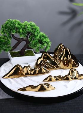 新中式软装枯山水微景观沙盘陶瓷金色假山艺术品摆件家居玄关摆设