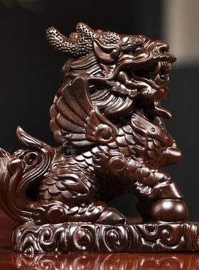 黑檀木雕麒麟一对摆件实木质瑞兽家居客厅办公桌面装饰红木工艺品