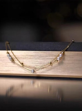 天然淡水珍珠18k金无瑕珍珠款双层手链14k包金微瑕珍珠款双层