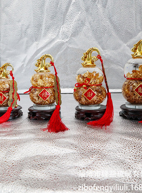 淄博琉璃葫芦铜钱挂饰家居办公装饰福禄台湾礼品水晶金箔摆件