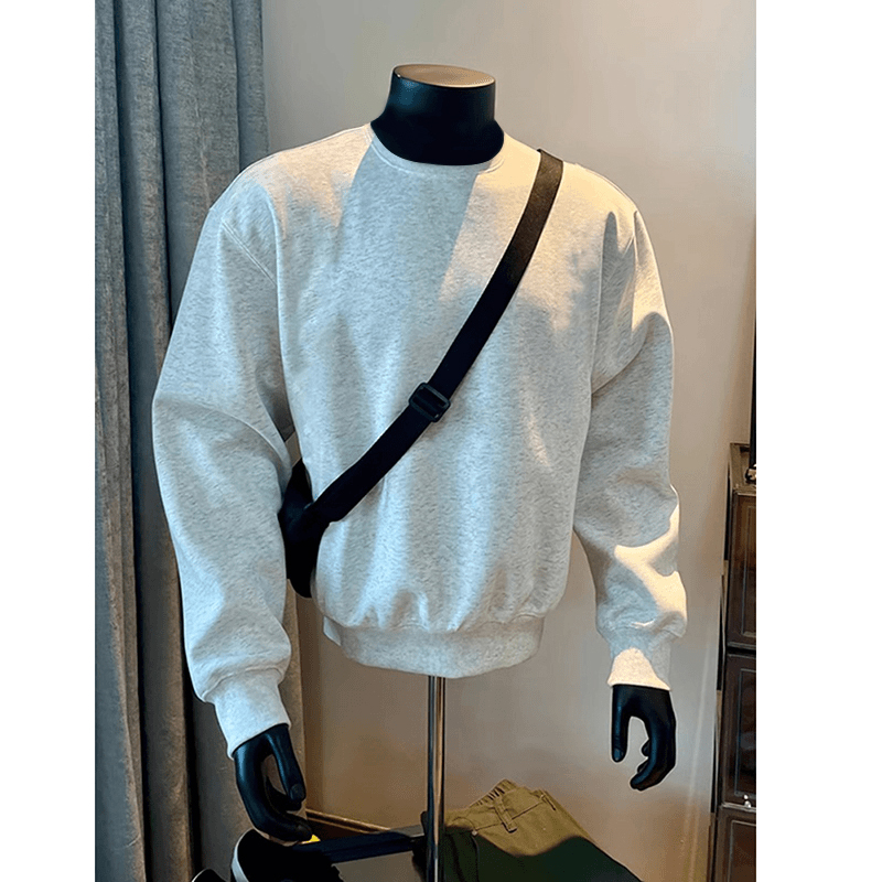 黑色重磅加绒圆领卫衣男秋冬美式复古正肩长袖T恤内搭打底衫上衣