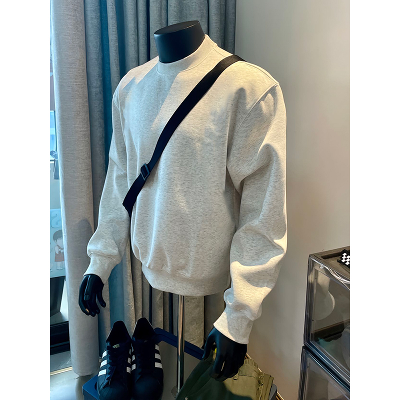 黑色美式重磅圆领卫衣男秋冬款加绒青少年小领口高级感长袖打底衫