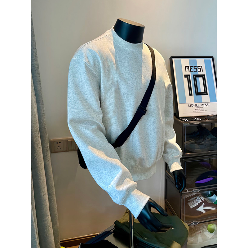 黑色美式重磅圆领卫衣男秋冬款加绒青少年小领口高级感长袖打底衫