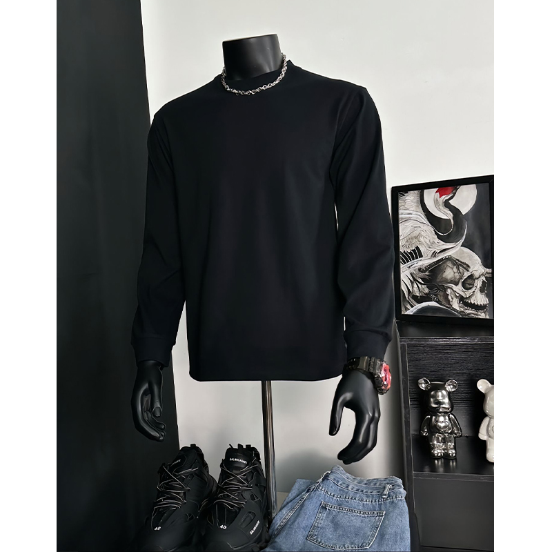 纯黑色小领口长袖t恤男秋冬季美式高级感卫衣cleanfit内搭打底衫