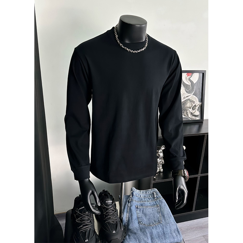 纯黑色小领口长袖t恤男秋冬季美式高级感卫衣cleanfit内搭打底衫