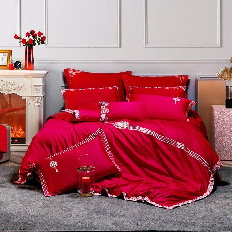 现货罗莱家纺结婚六件套婚庆床上用品纯棉被套全棉60支贡缎大红四,淘宝优惠券,粉丝福利购,淘宝优惠卷